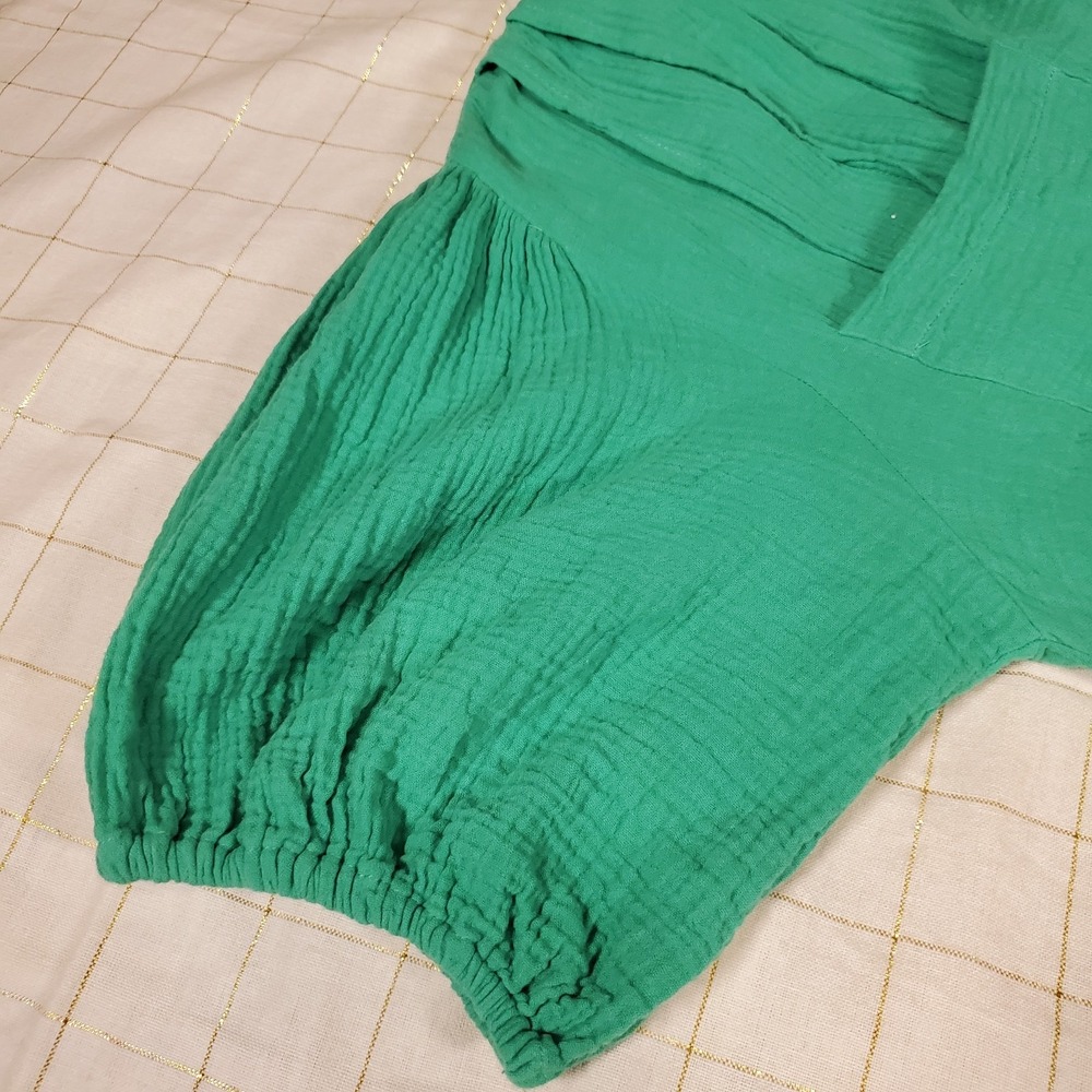 Ces Femme Waffle Shirt Dress Green Short Puff Sleeves 1XL Button Down A Line - Picture 4 of 5